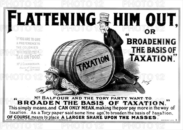Joseph Chamberlain viewing the consequences to the British working classes of Balfour's proposal to broaden the basis of taxation, and to put tax on food. 1903.