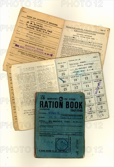 British ration books from 1941 and 1948. Rationing lasted for 14 years from 1940 until 1954, far longer than World War II itself.