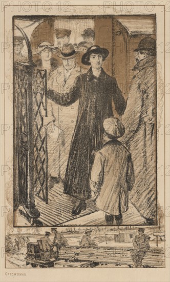 During the war women did many jobs which previously had been considered only suitable for men. The Gatewoman. At the bottom are the soldiers in France who would have been doing this job in peacetime.  Scene on the London Underground (Underground Electric  Railway Company), World War I - 1914-1918. Lithograph.