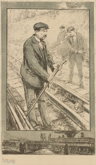 Platelayers: all are men too old for active military service.  At the bottom are younger men serving as soldiers in France who would have been doing this job in peacetime.  Scene on the London Underground (Underground Electric Railway Company), World War I - 1914-1918. Lithograph.