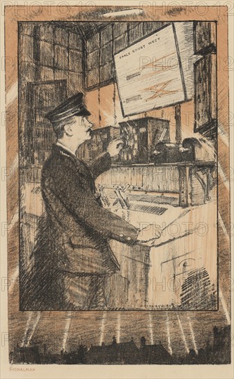 Signalman. The main picture shows the signalman at work in the signal box. Below, searchlights are pointing to the sky seeking Zeppelins on bombing missions.  Scene on the London Underground (Underground Electric Railway Company), World War I - 1914-1918. Lithograph.