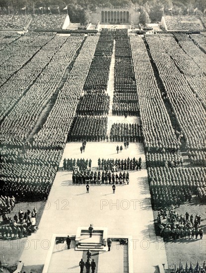 Staged Nuremberg Rally of Nazi Party members addressed by Hitler