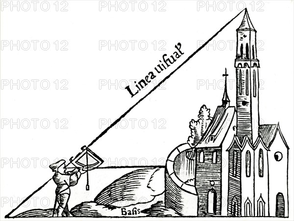 Using a quadrant with a plumb bob to calculate the height of a tower by triangulation