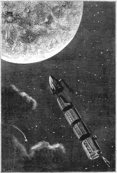 Space capsule dwarfed by the disc of the Moon