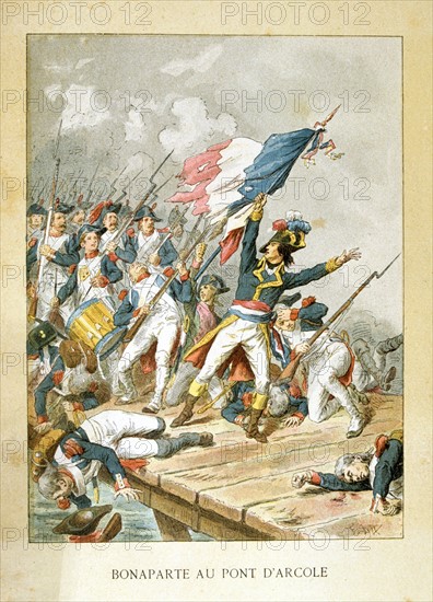 Napoleon Bonaprte leading his troops across the bridge at Arcole