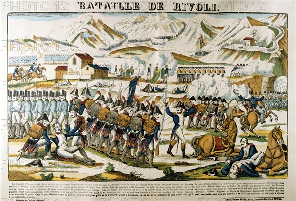 Napoleon at the Battle of Rivoli'. Rivoli (14-15 January 1797) defeat of Austria by French forces under Bonaparte.  Popular French hand-coloured woodcut.