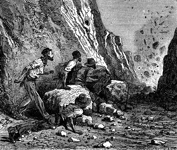 Miners using dynamite for blasting