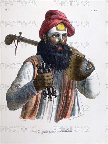 Mendicant musician carrying a stringed instrument similar to a lute