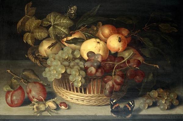 Basket of Fruits and Red Admiral Butterfly on a Stone Table'