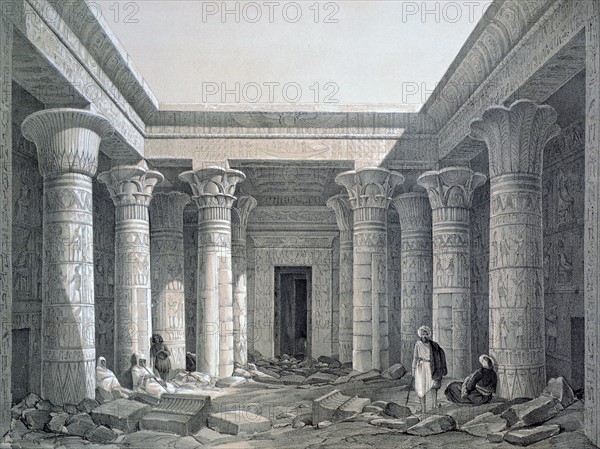 Court of the Great Temple - Philae', 1843.  Lithograph after Owen Jones and Jules Goury.  Temple of Isis principal goddess of ancient Egypt, sister and wife of Osiris.  Archaeology Architecture Religion Mythology Ancient Egyptian