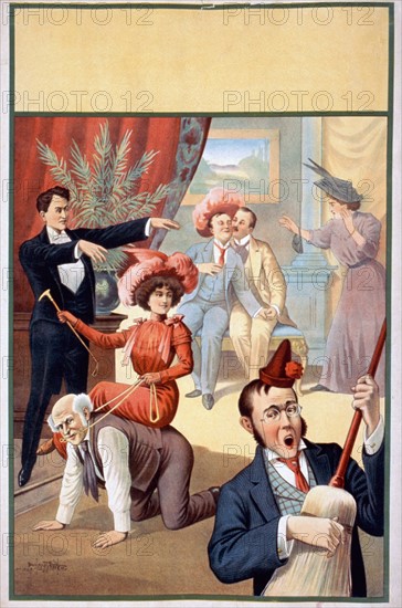 Hypnotist directing group of people to do unusual things