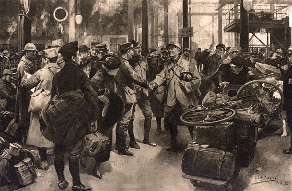 French and British soldiers meet at a station in France