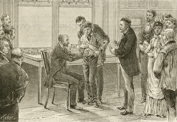 Louis Pasteur watching as a boy bitten by a rabid dog