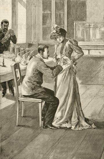 'Waldemar Haffkine (1860-1930) Russian bacteriologist , vaccinating a woman against Cholera at the Institut Pasteur. Huffkine developed vaccines against Cholera and Bubonic plague. Engraving, Paris, 1893.'