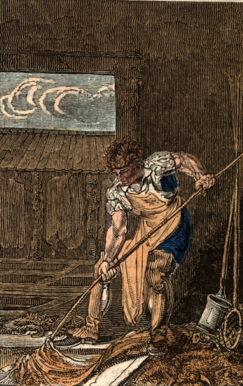 Tanner removing hides from tanpits