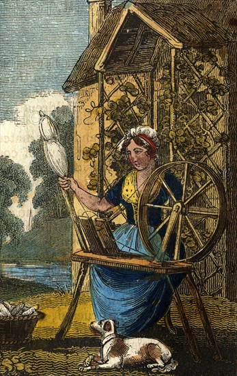 Cottager working on a spinning wheel