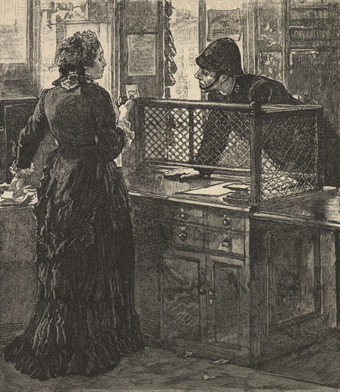 A village postmistress in conversation with a policeman