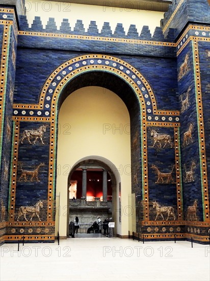 Ishtar Gates, Babylon plus details showing palms, lions and animals.