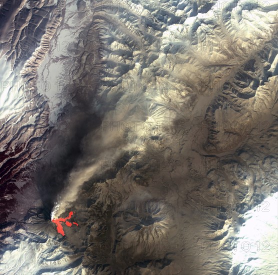 Kizimen volcano in Kamchatka, Russia is an isolated stratovolcano, February 25. Satellite image.