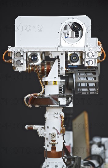 This photograph shows the Vehicle System Test Bed (VSTB) rover, a nearly identical copy to the Curiosity rover on Mars.