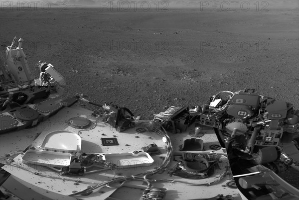 This full-resolution image shows part of the deck of NASA's Curiosity rover taken from one of the rover's Navigation cameras looking toward the back left of the rover.