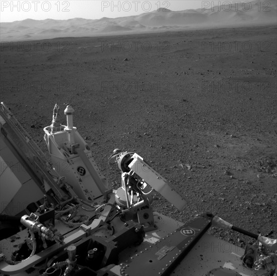 This full-resolution image shows part of the deck of NASA's Curiosity rover taken from one of the rover's Navigation cameras looking toward the back left of the rover.