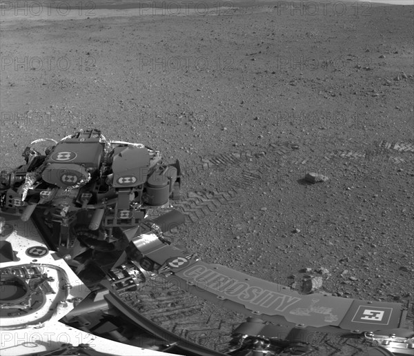 This 360-degree panorama shows evidence of a successful first test drive for NASA's Curiosity rover.