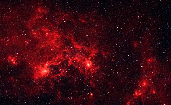 The nebula nicknamed 'the Dragonfish.' This turbulent region, jam-packed with stars, is home to some of the most luminous massive stars in our Milky Way galaxy. It is located approximately 30,000 light-years away in the Crux constellation. Spitzer.