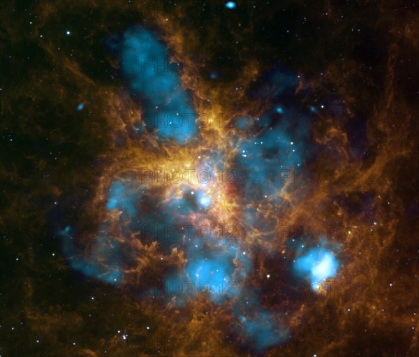 The star-forming region, 30 Doradus, is one of the largest located close to the Milky Way and is found in the neighboring galaxy Large Magellanic Cloud. Spitzer.