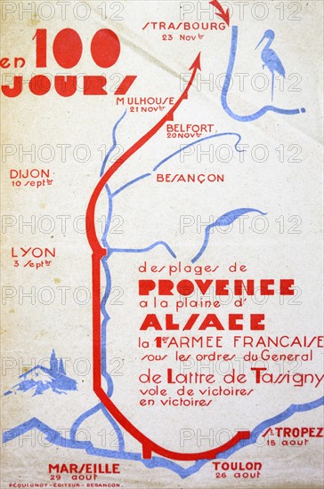 Map showing the victorious World War Two, route of Jean de Tassigny, ( 1889 ñ 1952).