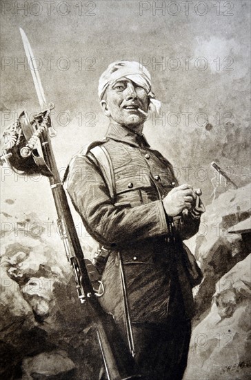 Smiling soldier with a German helmet hanging from his rifle, 1915