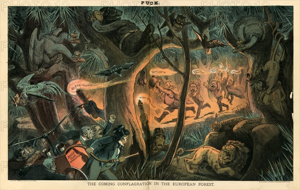 Satirical cartoon called "The Coming Conflagration in the Europen Forest".
