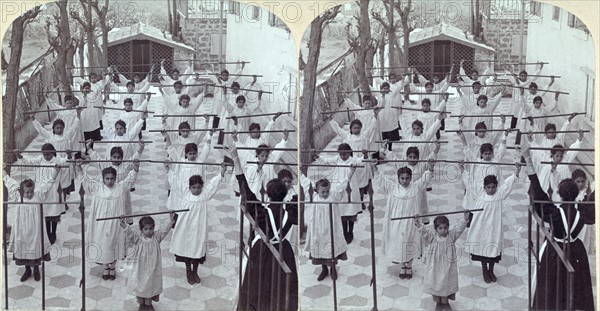 Calisthenics at Miss Arnot's Mission, Jaffa, Palestine.