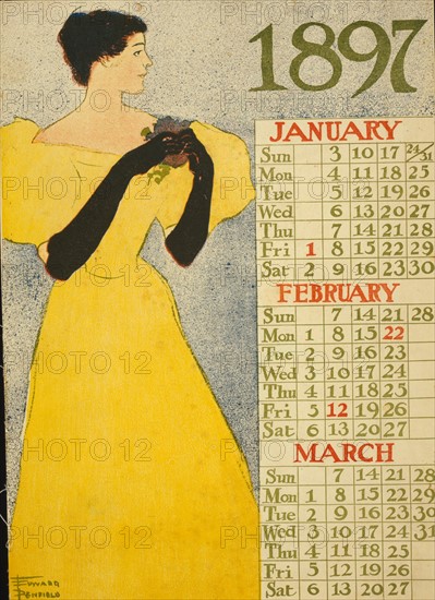 1897 calendar for the months of January, February and March by Edward Penfield