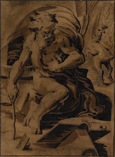 Diogenes with the featherless cock by Ugo da Carpi