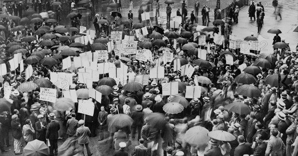 Crowd of depositors gather outside the Bank of United States after its failure, 1931