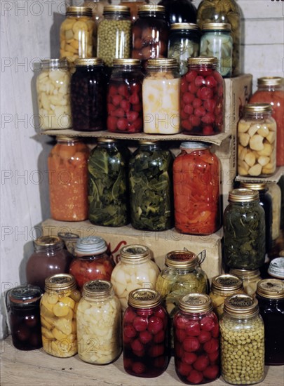 Display of American world war II home-canned food. between 1941 and 1945. 1944.