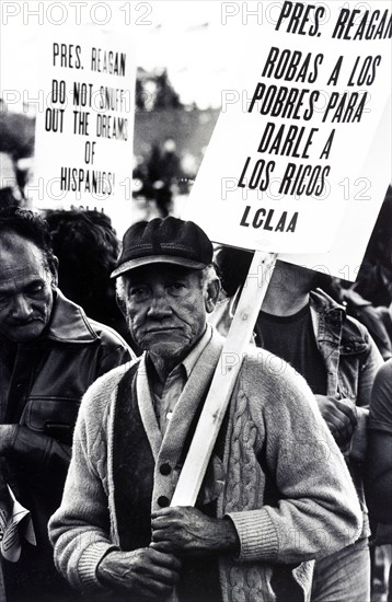 Migrant farm worker at a demonstration, 1981