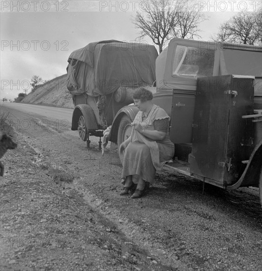 Migrant pea workers on the road, 1936