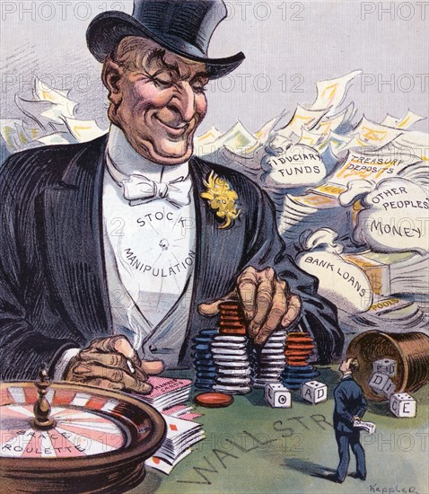 What show have you got, little man? 1908. Illustration shows a man wearing top hat and tuxedo labelled Stock Manipulation,