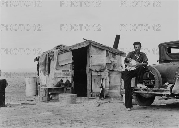 Migratory Mexican field worker's home on the edge of a frozen pea field. Imperial Valley, California dated 19380101