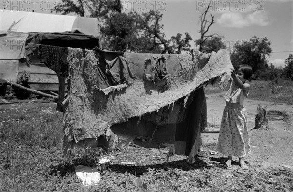 Bedding of agricultural workers' family near Vian, Sequoya County, Oklahoma by Russell lee, 1903-1986,