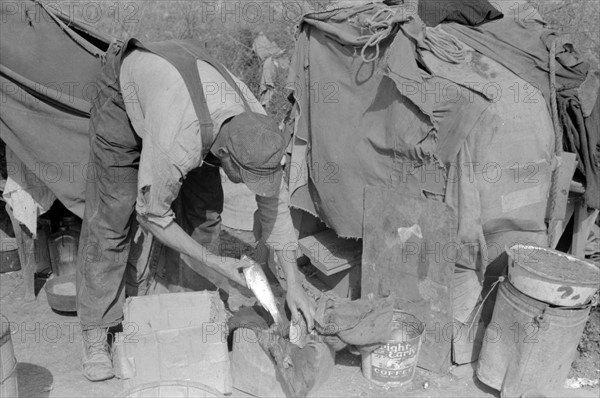 White migrant worker cleaning fish near Mercedes, Texas by Russell Lee, 1903-1986, dated 19390101.