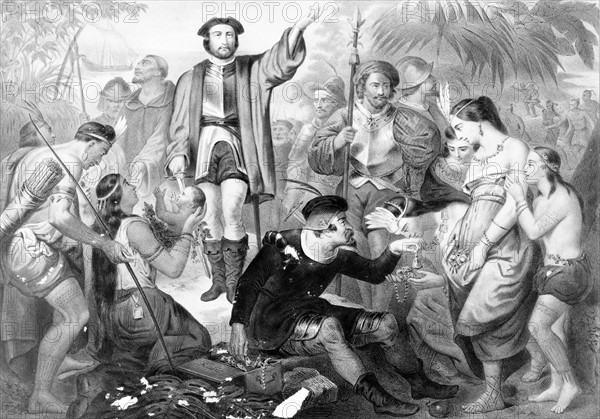 Illustration depicting Christopher Columbus among Indians