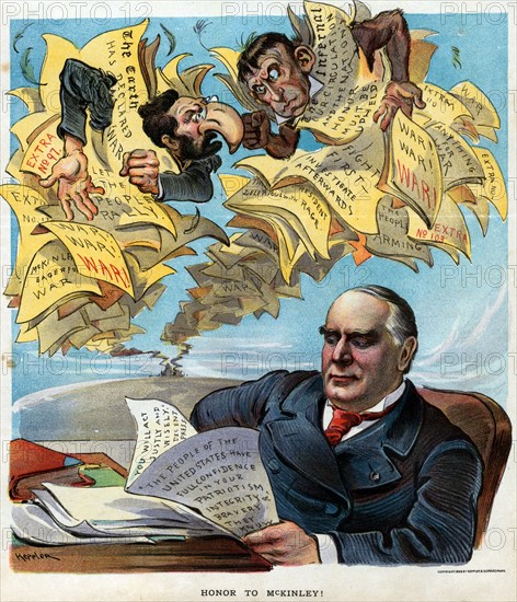 Chromolithograph print depicting Joseph Pulitzer and a monkey as editors of Yellow journalism newspapers