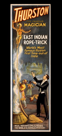 Colour lithograph depicting Thurston, the famous magician and his East Indian rope-trick