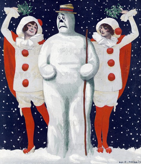 anxious snowman standing between two beautiful young women 1913