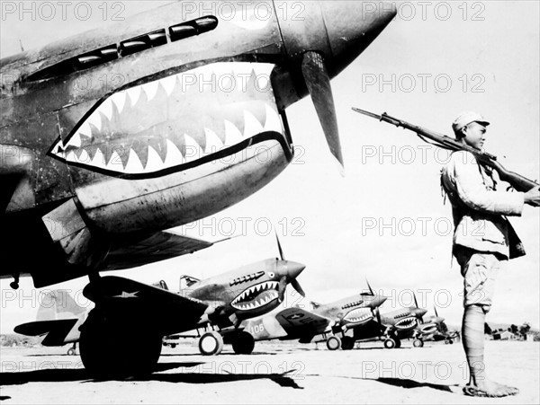 Flying Tiger Fighter aircraft, at a Chinese (Allied) airbase in World War Two 1942
