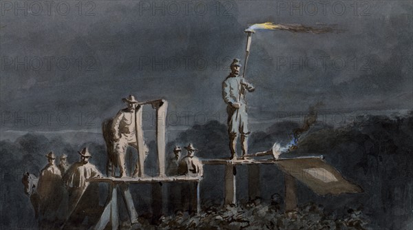 Night signalling by torches across the James River by artist William Waud