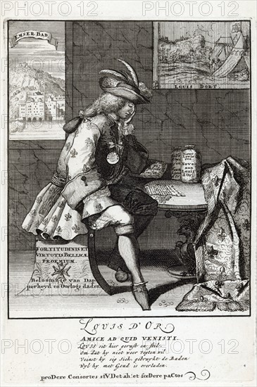 Print shows Louis XIV sitting at a table, resting on his left elbow.